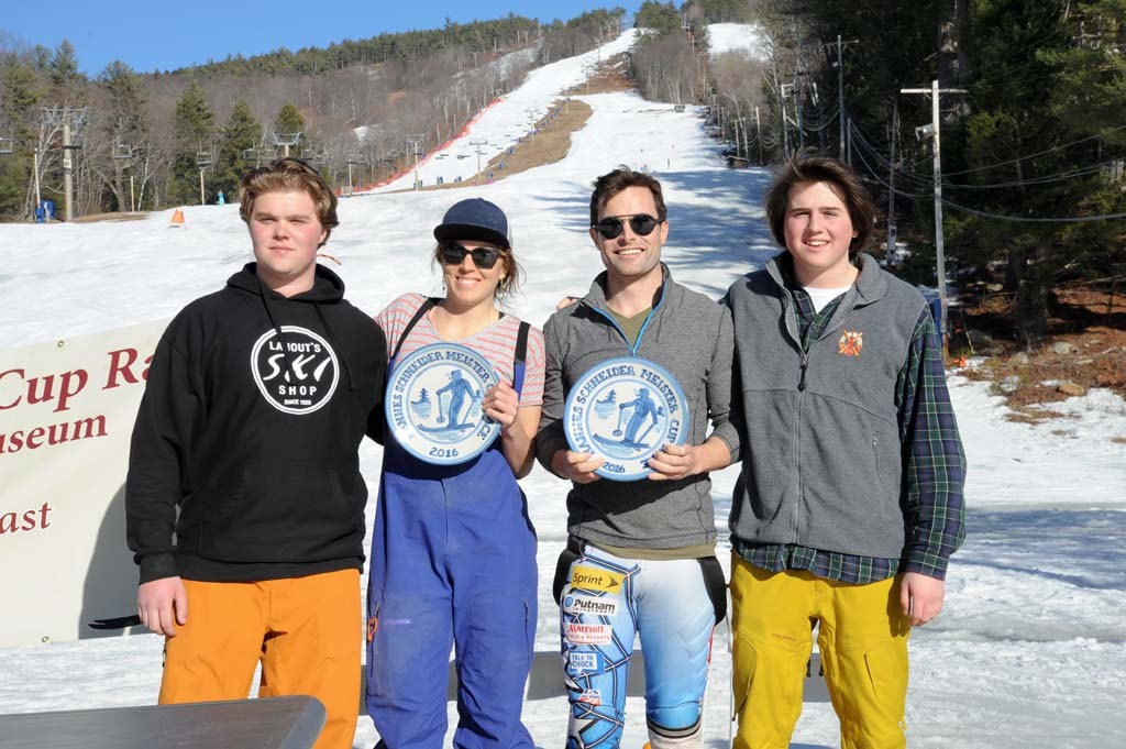 The Schneider brothers congratulate the fastest man and woman of the day, Alec Tarberry and Hilary McCloy.