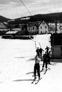 An early overhead cable ski tow at Jackson, NH