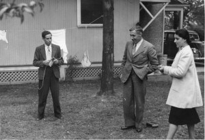 Hannes and Herbert Schneider with Kate Hoerlin, playing darts in New Hampshire, ca. 1940