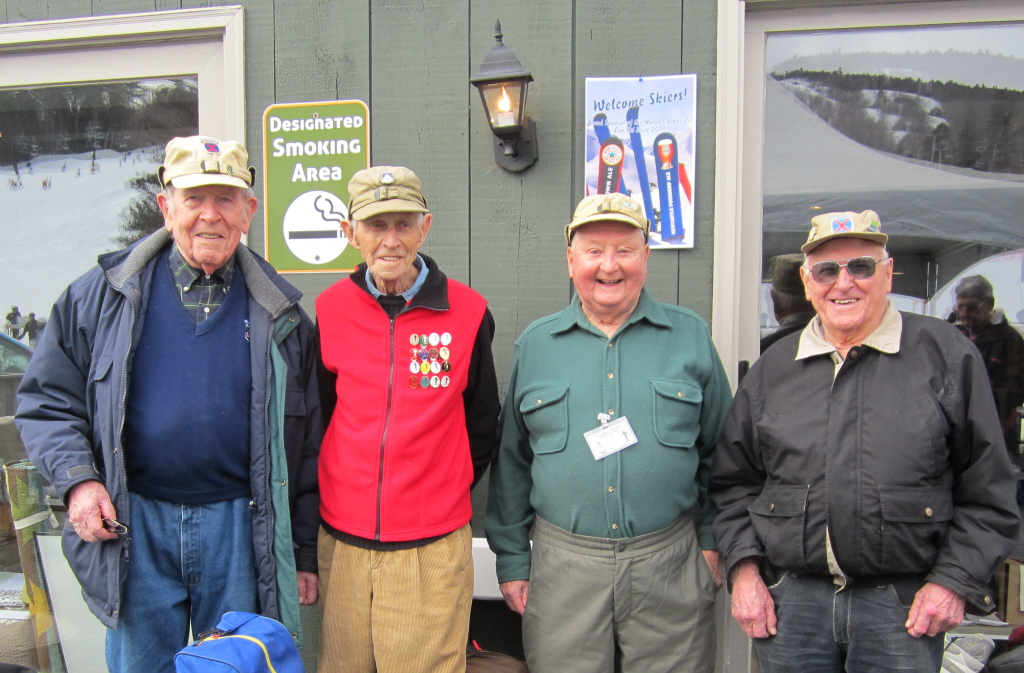 Among the World War II veterans of the 10th Mountain Division at the 2013 event were, from left to right, John Barton of Bristol, RI, Nelson Bennett of Yakima, WA, Donald Linscott of Dracut, MA, and Bernie Peters of North Conway, NH.
