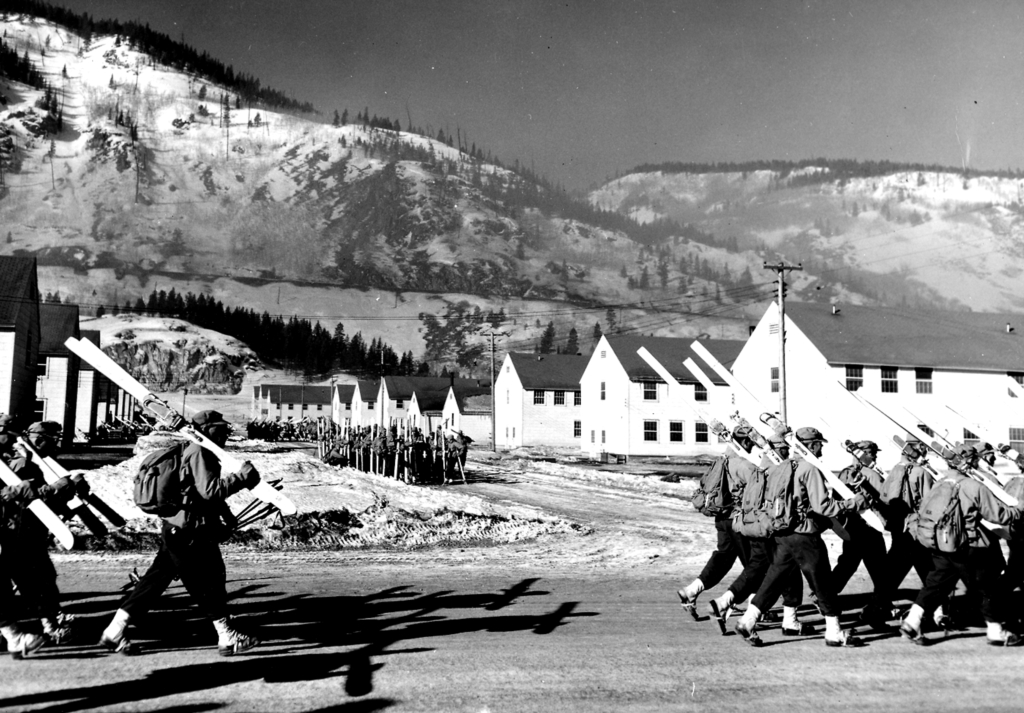 Soldiers of the 10th Mountain march at Camp Hale, Colorado