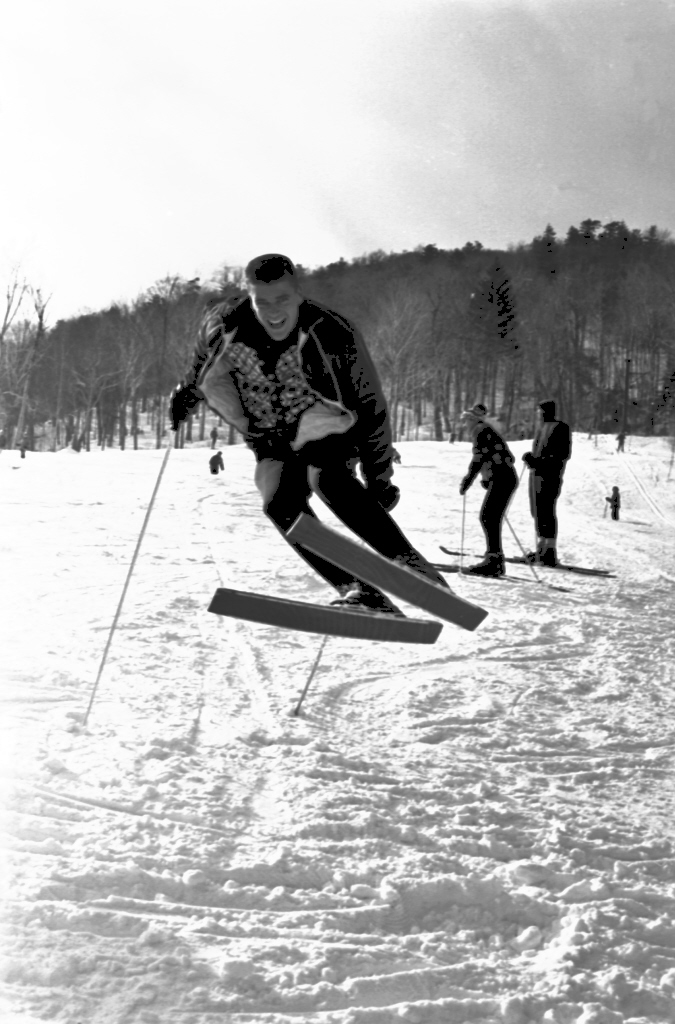 Preston Smith skiing on barrel staves about 1961. Bob Perry photo.
