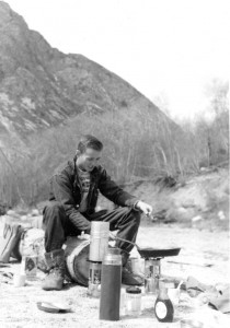 Cal Conniff camping by the side of the road to Alta, Utah on a ski trip in the 1950s.