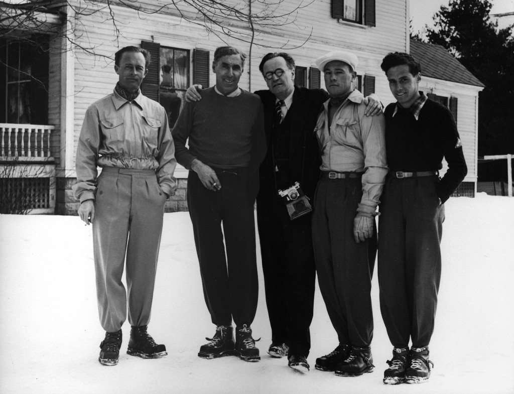 Benno Rybizka, Hannes Schneider, Arnold Lunn, Toni Matt and Herbert Schneider gather in 1940 at the Grove Street home of the Schneiders.