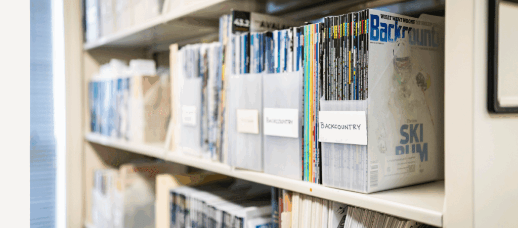 Ski periodicals on a rack